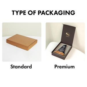 May include: Image showing two packaging options: a standard brown cardboard box and a premium dark brown box with a hinged lid. The text "TYPE OF PACKAGING" is at the top, with "Standard" and "Premium" labels below the boxes.