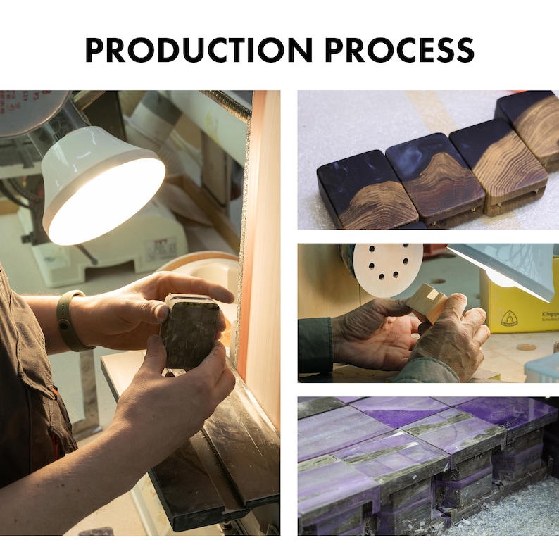Op de afbeelding: Een collage getiteld PRODUCTION PROCESS toont stappen van houtbewerking. E&eacute;n afbeelding toont een persoon die een houten blok schuurt met een bandschuurmachine. Andere afbeeldingen tonen afgewerkte hout- en harsblokken en paarse harsblokken.