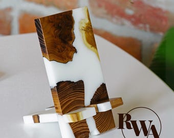 SMART – White Resin & Wood PHONE HOLDER for Desk. Compact stand phone wood. Luxury iPhone Accessory. Unique gift ideas women