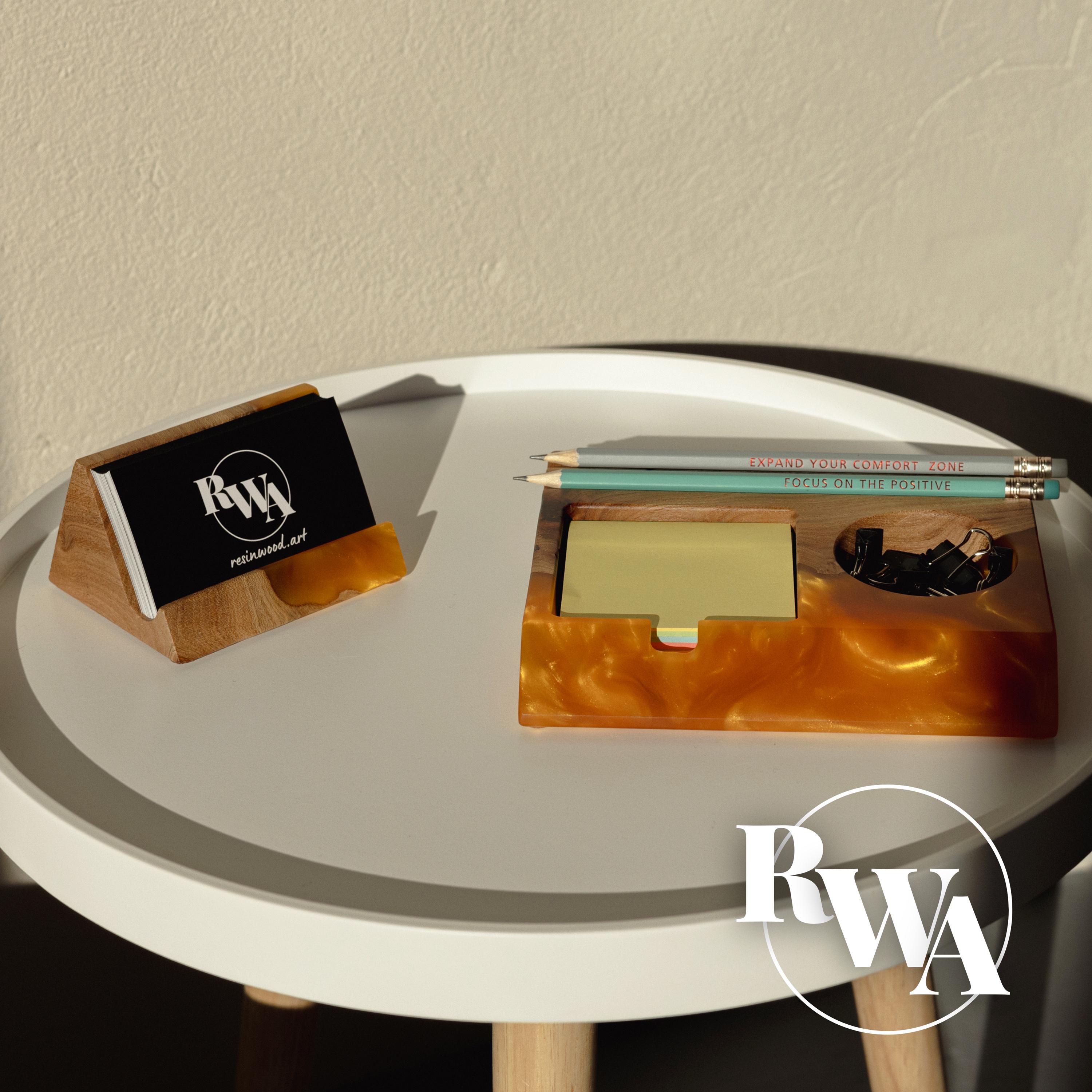 BASIC - Set of desk organizer with business card holder. Resin and Wood office desk accessories. Gift for boss, colleagues, mentor, teacher
