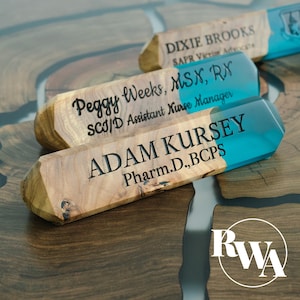 Both Side Name Plate for Desk with Logo. Personalized resin and wood name sign. Meaningful new job gift principal