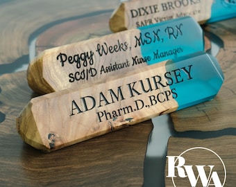 Both Side Name Plate for Desk with Logo. Personalized resin and wood name sign. Meaningful new job gift principal