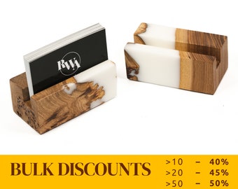 ELEMENT – White Resin & Wood business card holder for women. Unique corporate gifts for employees. Office desk accessories