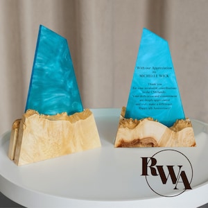 Aqua Blue Epoxy & Wood Trophy Award – Superlative awards as teacher appreciation. Personalized plaque congratulations gift, corporate gift