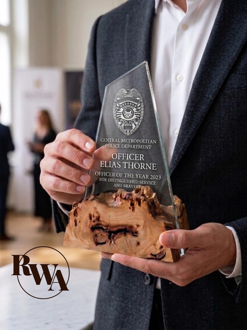 May include: A clear glass award with a wooden base is held by a person. The award features the text "CENTRAL METROPOLITAN POLICE DEPARTMENT OFFICER ELIAS THORNE OFFICER OF THE YEAR 2023 FOR DISTINGUISHED SERVICE AND BRAVERY."