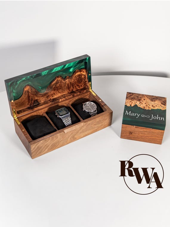 TEMPO – Epoxy & Wood Watch Box for Men. Engraved watch case as unique anniversary gift for husband