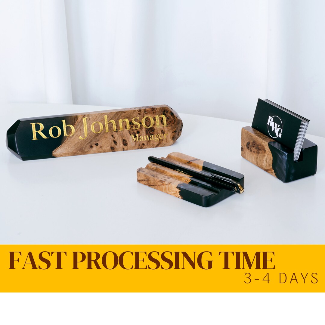 Personalized Desk Name Plate With Card Holder and Pen Dispenser. Black