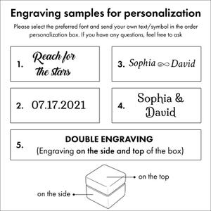 May include: A black and white graphic displaying five engraving samples for personalization. The text includes 'Engraving samples for personalization', 'Reach for the stars', '07.17.2021', 'Sophia infinity symbol David', 'Sophia & David', and 'DOUBLE ENGRAVING'.