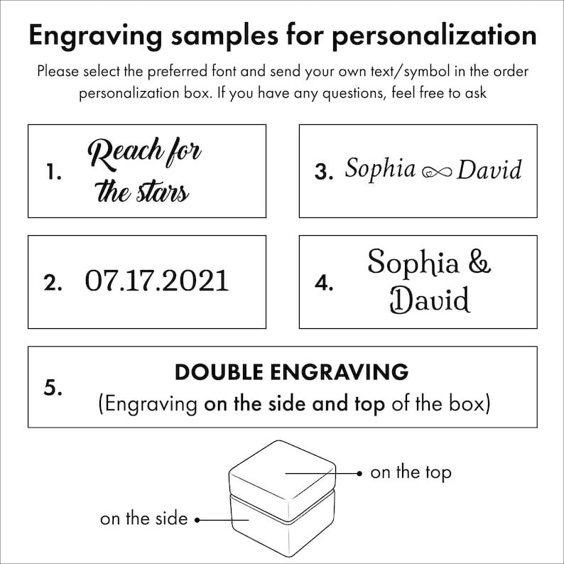 May include: A black and white graphic displaying five engraving samples for personalization. The text includes 'Engraving samples for personalization', 'Reach for the stars', '07.17.2021', 'Sophia infinity symbol David', 'Sophia & David', and 'DOUBLE ENGRAVING'.