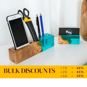 ELEMENT – Resin & Wood Office Desk Accessories. Desk Set. Business Card Holder, Phone Stand, Pen Holder. Unique Gifts Corporate