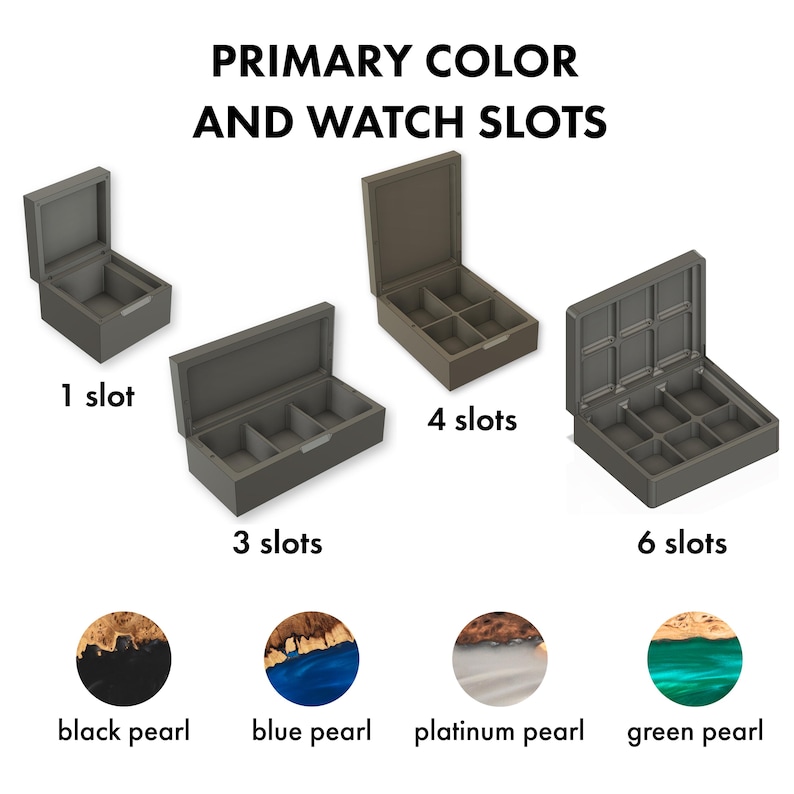 May include: Four open watch boxes with 1, 3, 4, and 6 slots, labeled PRIMARY COLOR AND WATCH SLOTS. Below are four circular swatches showing wood and resin patterns in black pearl, blue pearl, platinum pearl, and green pearl colors.