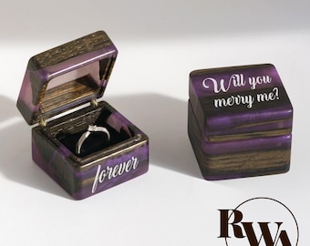 MUSE – Epoxy & Wood Ring Box anniversary gift for her. Purple Engagement Ring Box. Engraved unique gift for wife