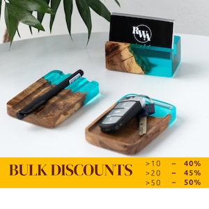 ELEMENT – Epoxy Resin & Wood desk accessories: business card holder, desk supplies and pen tray. Office decor for women