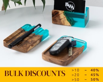 ELEMENT – Epoxy Resin & Wood desk accessories: business card holder, desk supplies and pen tray. Office decor for women