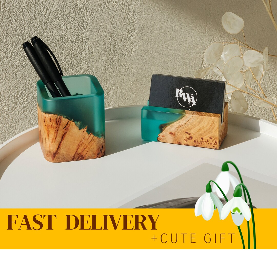 Aqua Blue Office Desk Accessories. Resin and Wood Pen Holder & Business