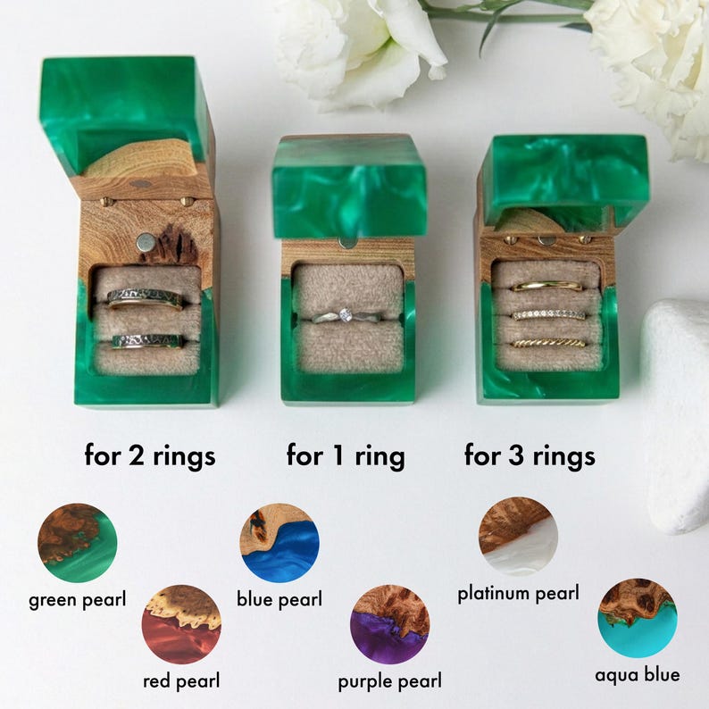 CHORD – Op maat gemaakt dubbel ringdoosje voor de huwelijksceremonie, vervaardigd uit hout en rode epoxy. Handgemaakt, gepersonaliseerd ringdoosje als kerstcadeau voor het paar. afbeelding 6