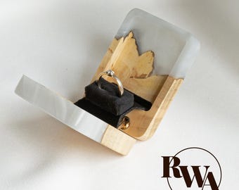 FLIP – Pearl epoxy & light wood Engagement ring box. Custom resin ring holder. Compact wooden ring box proposal