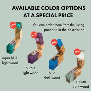 May include: Image showcasing four wooden boxes with colorful resin accents. The boxes are open, revealing a silver object inside. The available colors are aqua blue, purple, blue, and breeze, each paired with light or dark wood. Text reads "AVAILABLE COLOR OPTIONS AT A SPECIAL PRICE."