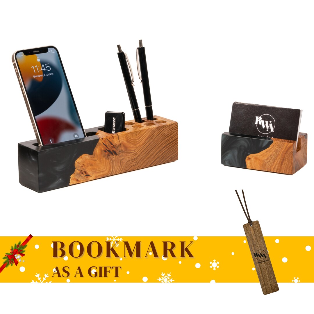 Element black resin wood desk organizer set business card holder