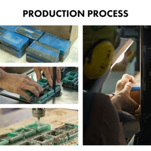 May include: A collage titled PRODUCTION PROCESS showing manufacturing steps. Images include rectangular blue and grey resin blocks, a person using a band saw to cut green square frames, a drill press shaping green frames, and a person sanding a block.