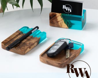 ELEMENT – Epoxy Resin & Wood desk accessories: business card holder, desk supplies and pen tray. Employee Gifts