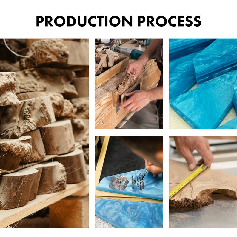May include: Image showing the production process of wooden items. The image includes close-ups of raw wood, woodworking tools, and finished products. The text "PRODUCTION PROCESS" is at the top of the image.