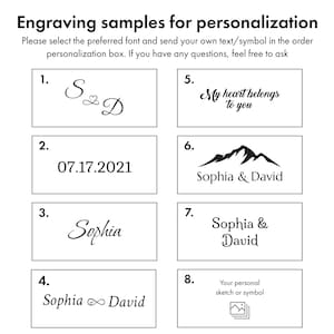 May include: Eight engraving samples for personalization.  The samples include names, dates, symbols, and a placeholder for a custom sketch or symbol.  The text reads: "Engraving samples for personalization. Please select the preferred font and send your own text/symbol in the order personalization box. If you have any questions, feel free to ask."
