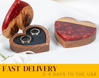 AMOUR – heart red epoxy & wood ring holder for wedding day. Luxury Engagement ring box display. Special gift for her