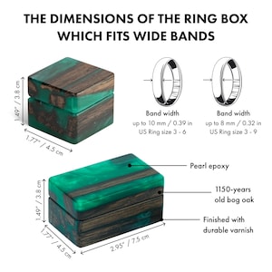 May include: A square and a rectangular ring box made of 1150-year-old bog oak and green pearl epoxy with a durable varnish finish. The square box measures 1.49 inches by 1.77 inches. Diagrams show compatibility with bands up to 0.39 inches wide.