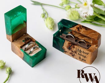 Custom Green Wedding Band Box. Epoxy & Wood Double Ring Case for Sentimental Couple Gift