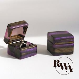 MUSE – Purple Epoxy & Black Wood Proposal Ring box. Unique wooden engagement ring box. Resin ring holder as beach wedding decor