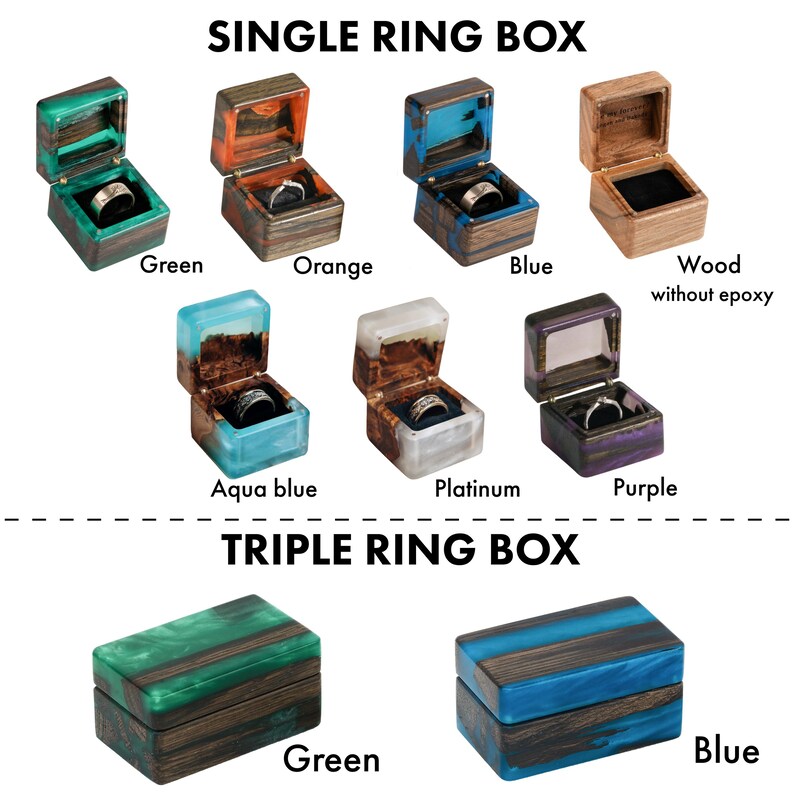 May include: A collection of single and triple ring boxes made from wood and colored epoxy resin. The single boxes come in green, orange, blue, natural wood, aqua blue, platinum, and purple. The triple boxes are shown in green and blue.