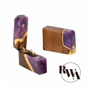 FLASH – Purple Resin & Wood Proposal ring box. Wooden engagement ring box. Unique ring box as sentimental gift