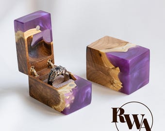 CHORD – Purple Resin & Wood Engagement ring box. Unique Proposal Box luxury chunky rings. Personalized anniversary gift