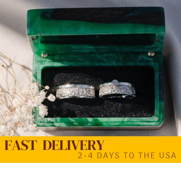 MUSE – Black wood & emerald resin Wedding ring box. Wood ring holder for wedding ceremony. Art epoxy two ring box handmade