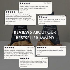 May include: Image showcasing customer reviews for a "Bestseller Award." The image features two awards with text, surrounded by customer testimonials. The reviews highlight product quality, responsiveness, and satisfaction with the personalized gifts.