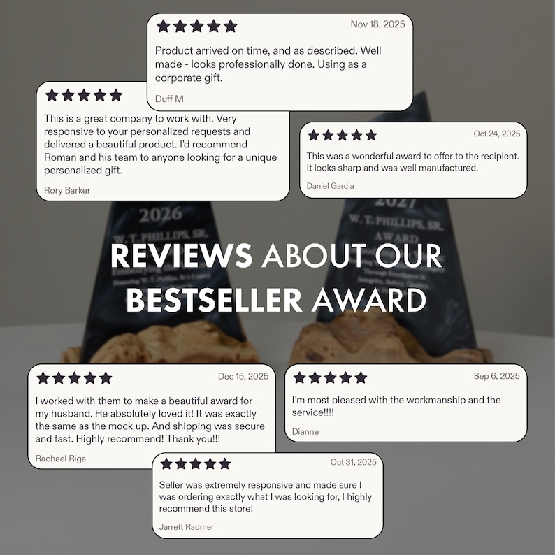May include: Image showcasing customer reviews for a "Bestseller Award." The image features two awards with text, surrounded by customer testimonials. The reviews highlight product quality, responsiveness, and satisfaction with the personalized gifts.