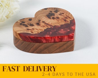 AMOUR – wooden jewelry holder with red epoxy. Unique Birthday gift for her. Luxury red heart jewelry box for ring, earrings, pendants
