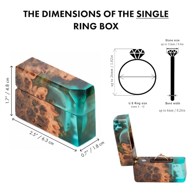 May include: A wooden ring box with a turquoise resin accent. The box is rectangular, measuring 2.5 inches long, 1.7 inches high, and 0.7 inches wide. The box is open in the lower right corner, revealing a ring. The text on the image reads "THE DIMENSIONS OF THE SINGLE RING BOX."