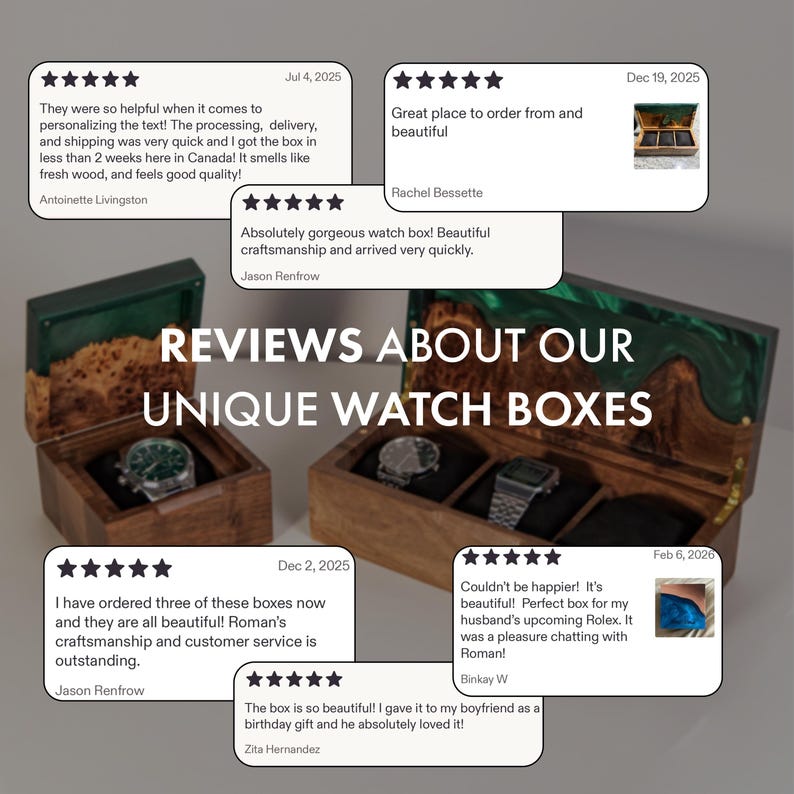 May include: Two wooden watch boxes with green resin accents, one holding a single watch and the other holding three watches. The image features the text REVIEWS ABOUT OUR UNIQUE WATCH BOXES and several five-star customer review cards.