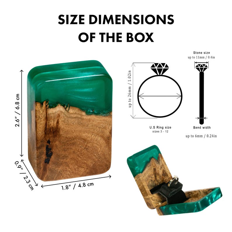 Op de afbeelding: Een rechthoekig ringdoosje van natuurlijk hout en doorschijnende groene hars. Het doosje meet 6,8 cm bij 4,8 cm bij 2,3 cm. Diagrammen tonen dat het ringen tot 26 mm diameter, 11 mm steengrootte en 6 mm bandbreedte voor Amerikaanse maten 3-12 bevat.