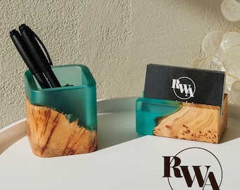 Aqua Blue office desk accessories. Resin and wood pen holder & business card holder. Employee gifts. Gift for CEO, boss, manager