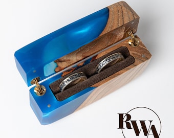 FLASH – Handmade Double  Blue Ring Box for Ceremony. Resin & Solid Wood Wedding Ring Box. Unique wedding detail