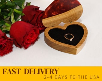 AMOUR – Wooden jewelry box from resin and wood. Heart epoxy and wood ring box. Birthday gift for her