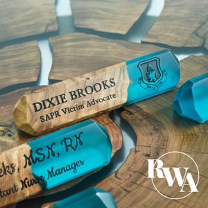 Name Plate for Desk with Logo. Custom Name Sign. Engraved Wood Wedge. Unique boss birthday gift or New Job Gift