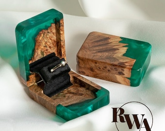 FLIP – Proposal Box from Green Epoxy & Wood. Slim Engagement ring box. Custom Ring Jewelry Box as Unique box for promise ring for her