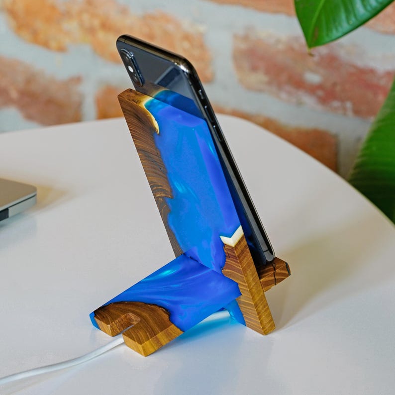 SMART – Engraved Epoxy & Wood Phone Holder as desk decor. Custom phone stand for desk coworker gift ideas image 14