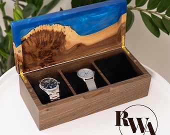 TEMPO – Watch Box of Blue Epoxy & Wood. Unique Watch Case as gifts for bf. Sentimental ladies watch box
