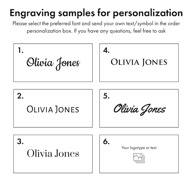 K&ouml;nnte beinhalten: Sechs verschiedene Schriftstile zum Gravieren von Text auf einem Produkt. Die Textbeispiele sind "Olivia Jones" und "Ihr Logo oder Text".