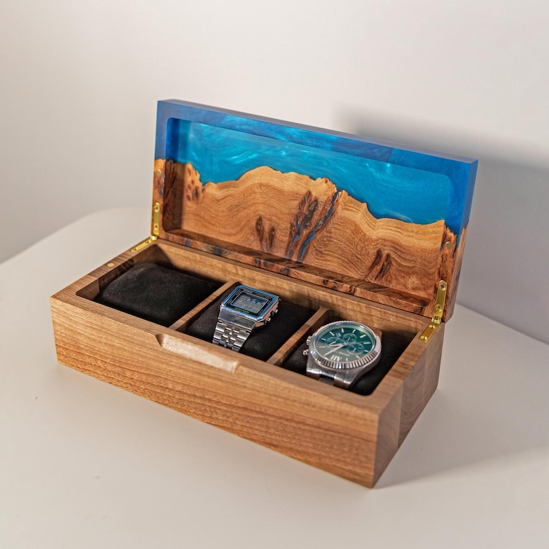 TEMPO – Wood Watch Display Case with Epoxy anniversary gift for her. Custom 3 watch box as romantic gift for wife image 12
